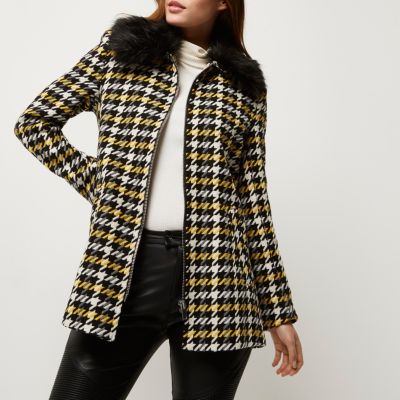 Yellow check faux fur collar swing coat